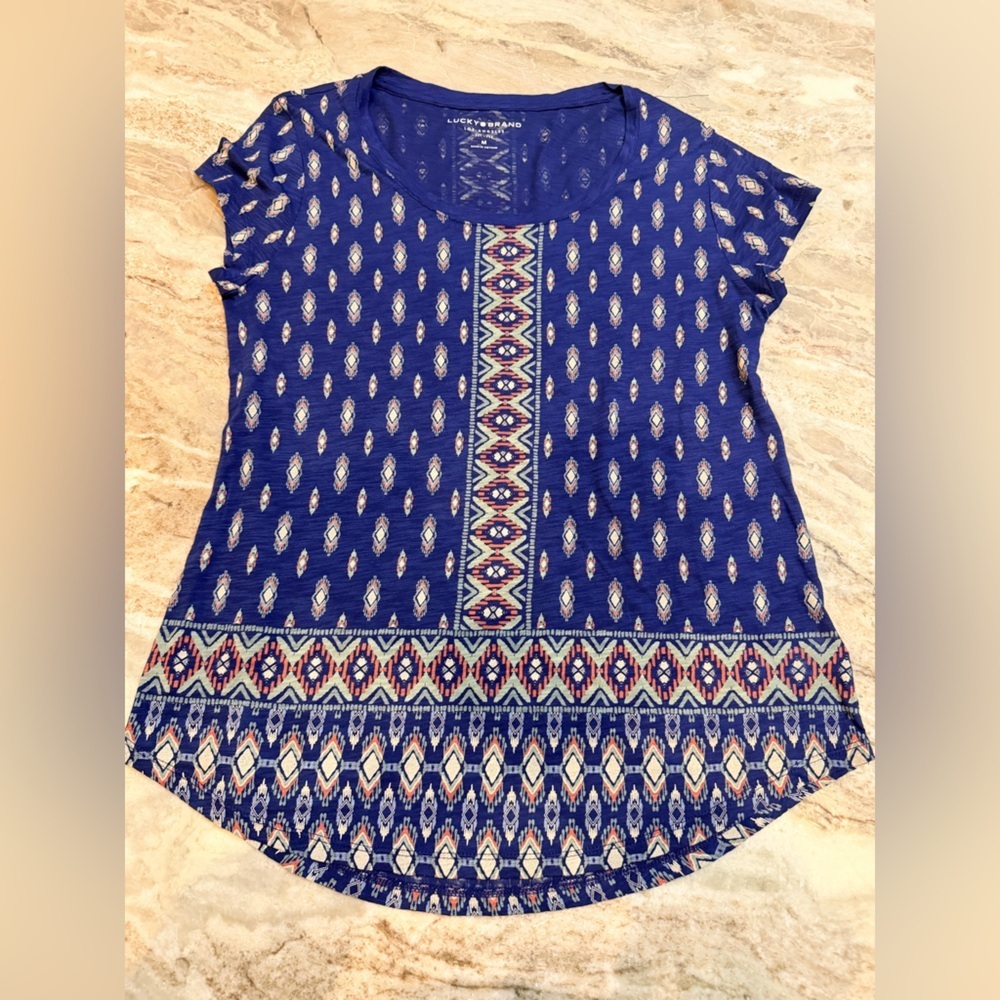 Lucky Brand Blue Boho Geometric Print Top | Medium | Southwestern Style